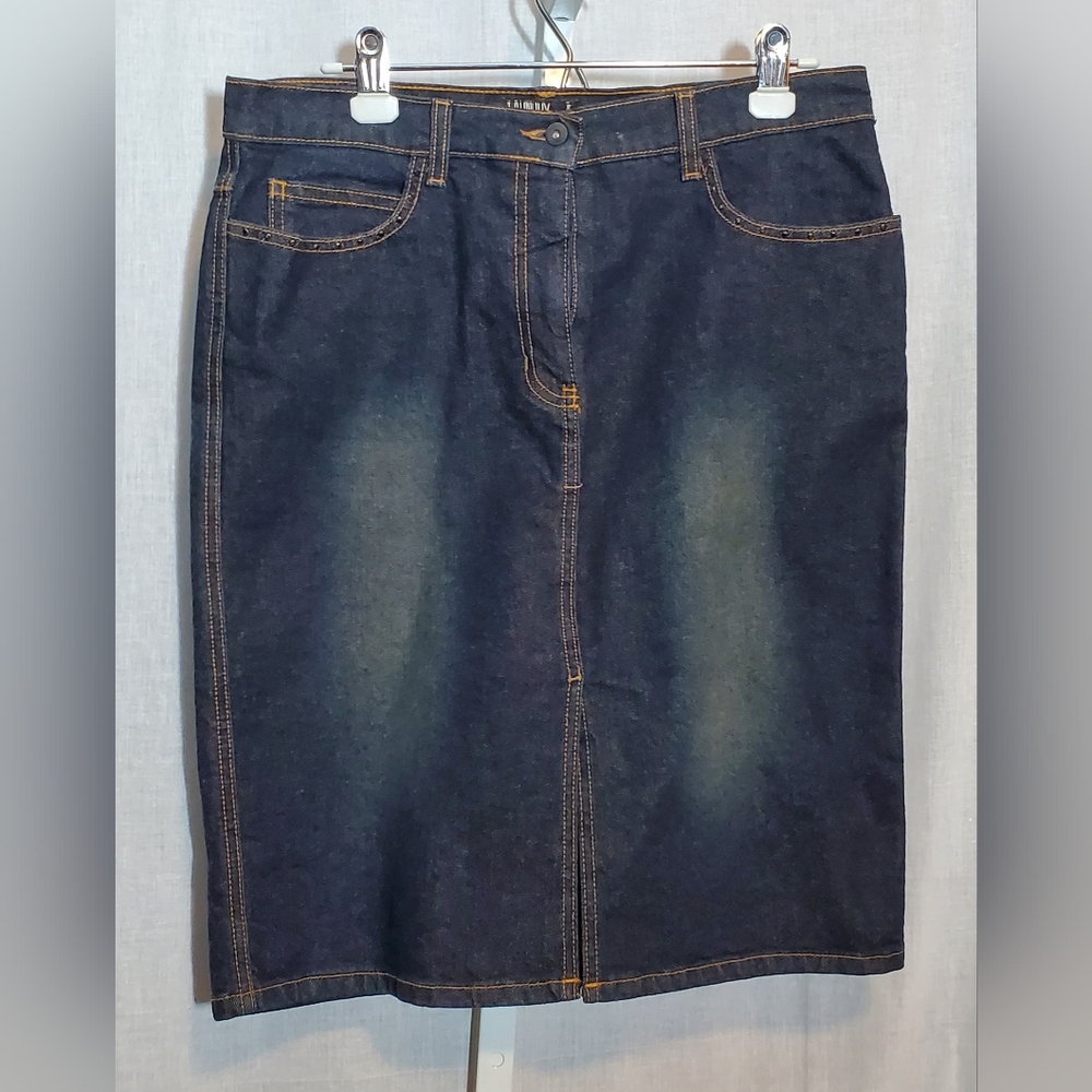 Laundry Dark Wash Blue Denim Zipfly Cotton Blend Skirt with Rhinestones Size 12